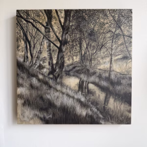 Monkland Canal – Charcoal and mixed media on birch cradled panel (14x14")