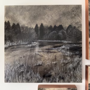 Lilly Pond – Charcoal and mixed media on birch cradled panel (16x16")